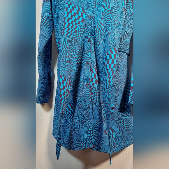 Soi Studio Silky Mini Dress Size Large Blue & Brown Front Tie Button Front Chic - Picture 9 of 15